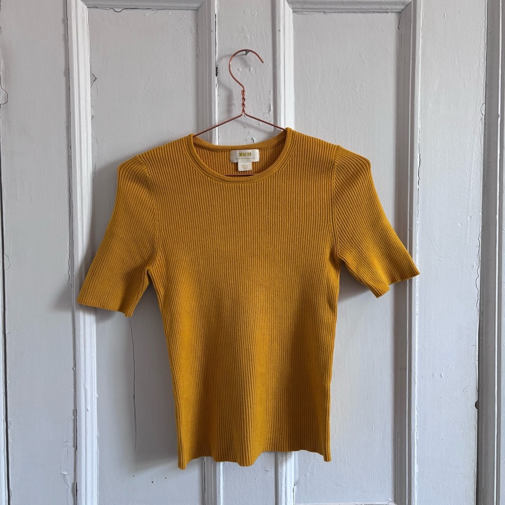 Maeve Mustard Ribbed Knit Crewneck Short Sleeve Top